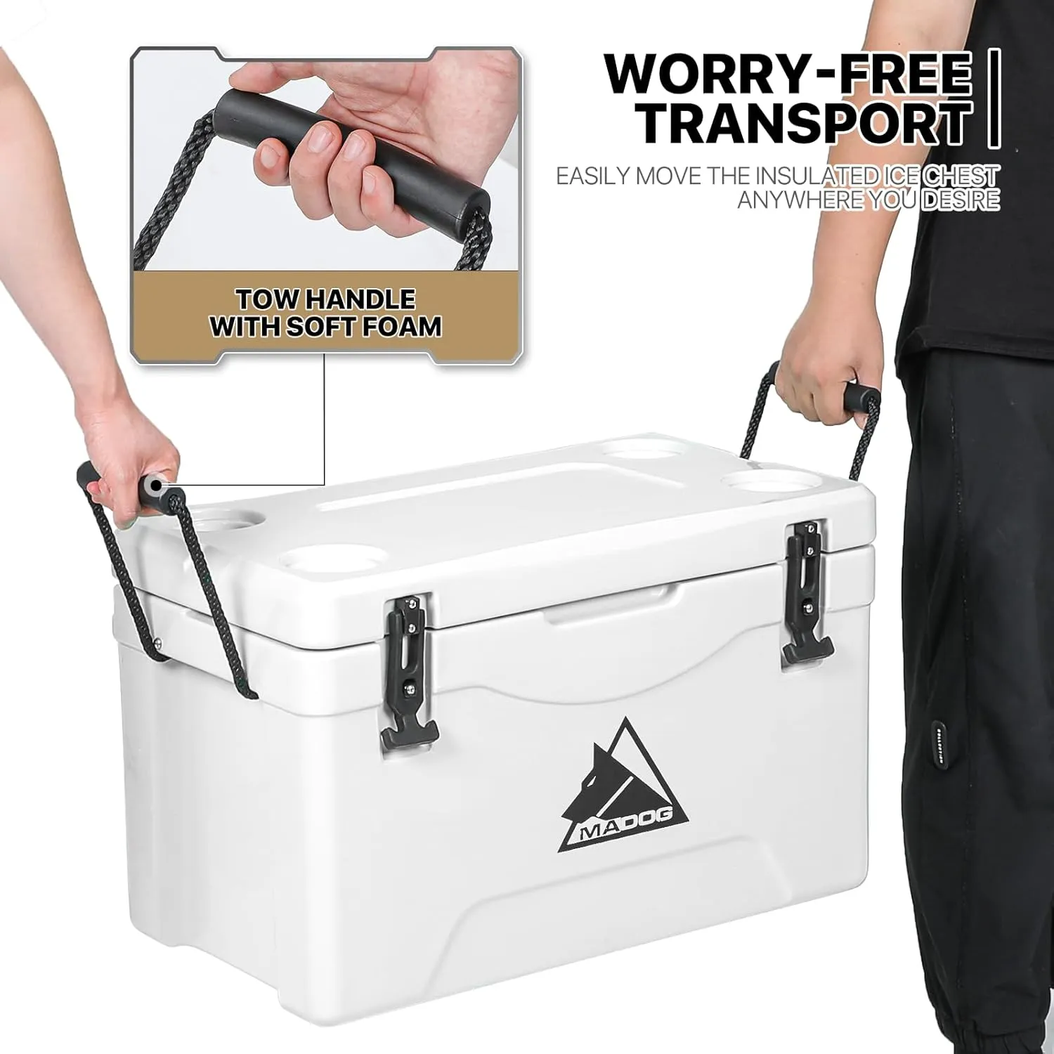 MADOG Portable Beach Cooler, Leak-Proof Travel Hard Cooler for 5-7 Days Ice Retention, LLDPE Portable Compact Coolers, Great for Beach, Picnic, Fishing and Camping