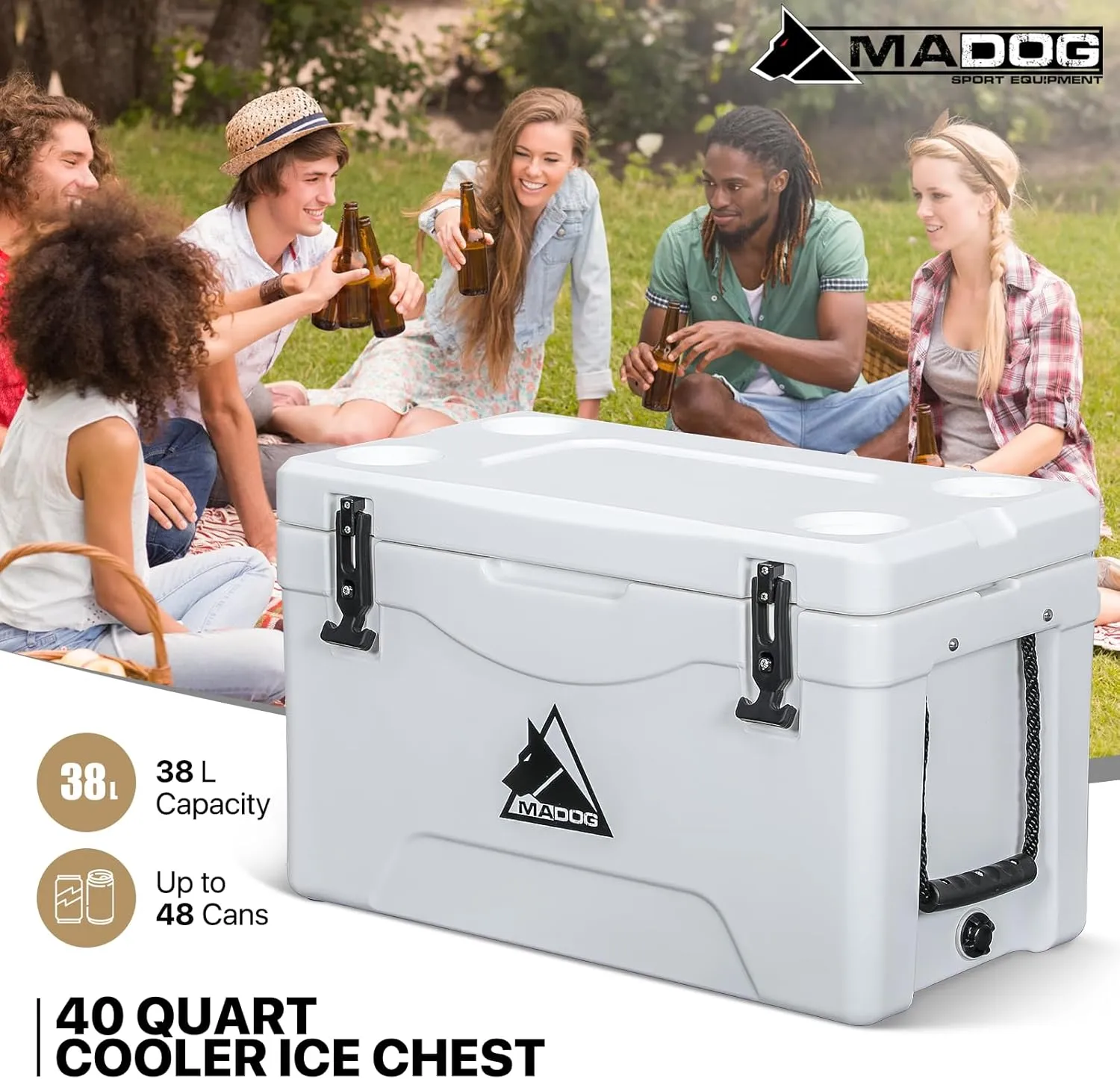 MADOG Portable Beach Cooler, Leak-Proof Travel Hard Cooler for 5-7 Days Ice Retention, LLDPE Portable Compact Coolers, Great for Beach, Picnic, Fishing and Camping
