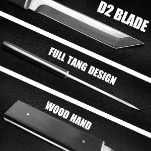 MADSABRE Samurai Full Tang Knife Japanese Katana - Tanto Fixed Blade Knives for Outdoor Tactical Hunting Survival Knives with Wooden Sheath (D2 Steel-Silver)
