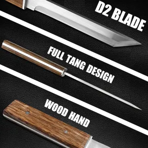 MADSABRE Samurai Full Tang Knife Japanese Katana - Tanto Fixed Blade Knives for Outdoor Tactical Hunting Survival Knives with Wooden Sheath (D2 Steel-Yellow)