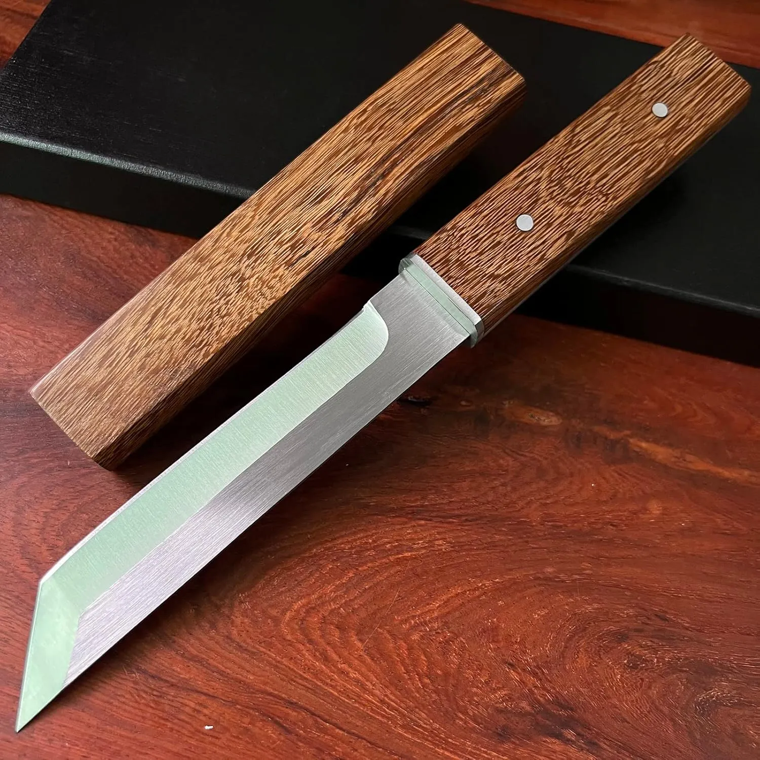 MADSABRE Samurai Full Tang Knife Japanese Katana - Tanto Fixed Blade Knives for Outdoor Tactical Hunting Survival Knives with Wooden Sheath (D2 Steel-Yellow)