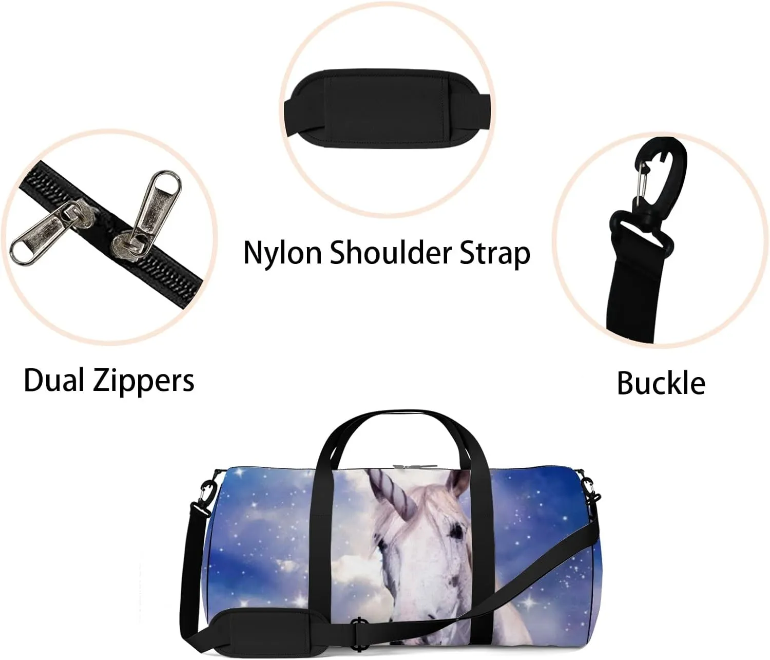 Magic Unicorn Fantastic Starry Sky Sports Bag Tote Bag Waterproof Gym Bag with Shoulder Strap Zipper 2 Side Pockets for Men and Women, Travel and Storage Shoulder Bag.