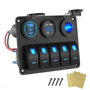 Marine Boat Switch Panel Waterproof, 5 Gang Marine Rocker Switch Aluminum Panel with 3 Port 66W 12V USB Outlet Car Charger, 150W Cigarette Lighter Socket and Blue LED Voltmeter for Truck Car RV, etc.