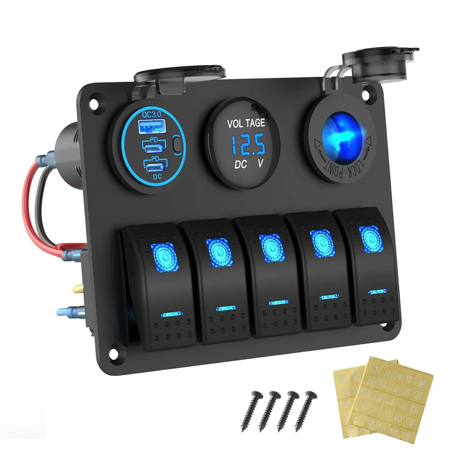 Marine Boat Switch Panel Waterproof, 5 Gang Marine Rocker Switch Aluminum Panel with 3 Port 66W 12V USB Outlet Car Charger, 150W Cigarette Lighter Socket and Blue LED Voltmeter for Truck Car RV, etc.
