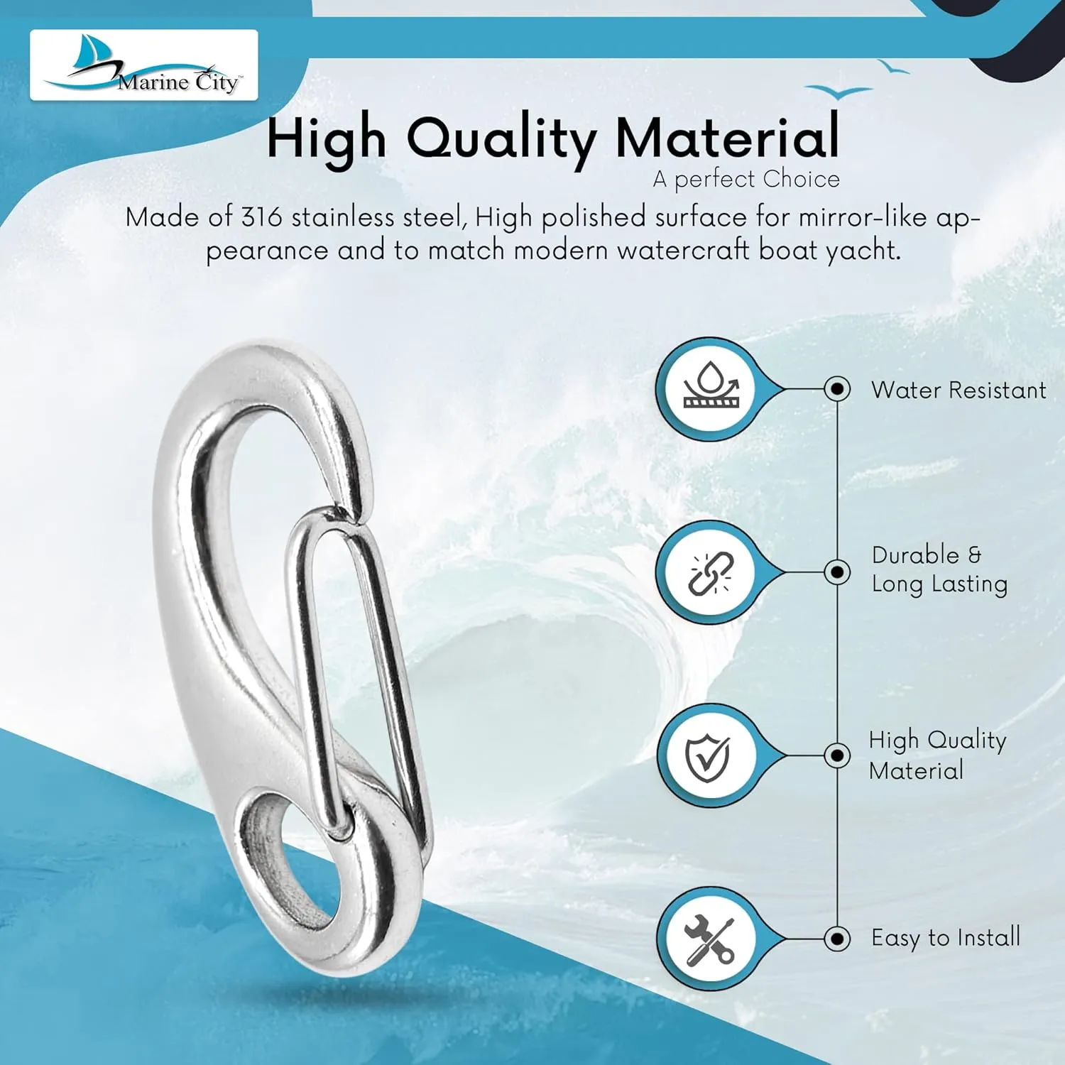 MARINE CITY Egg Shaped Spring Snap Hook – 316 Stainless Steel, Premium Quality, Rustproof, Lightweight for Keys, Water Bottles, RVs, Boats, Camping, Hiking