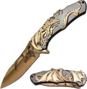 Masters Collection -Spring Assisted Open Folding Knife - Gold TiNite Coated Stainless Steel Blade w/Etched Dragon, Gold and Black 2-Tone Zinc Alloy Handle w/Sculpted Dragon - MC-A045