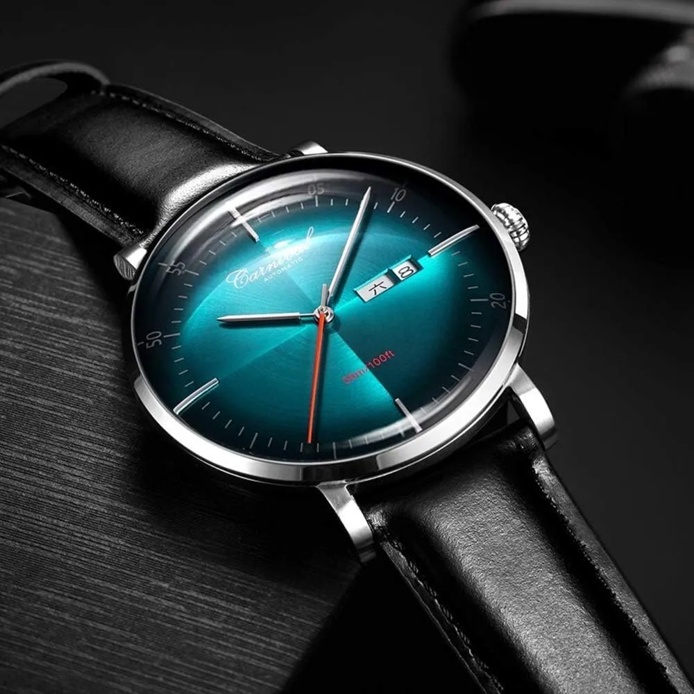 MASTOP Swiss Automatic Watch for Mens Stainless Steel with Calfskin Black Leather Watches Waterproof