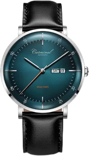 MASTOP Swiss Automatic Watch for Mens Stainless Steel with Calfskin Black Leather Watches Waterproof