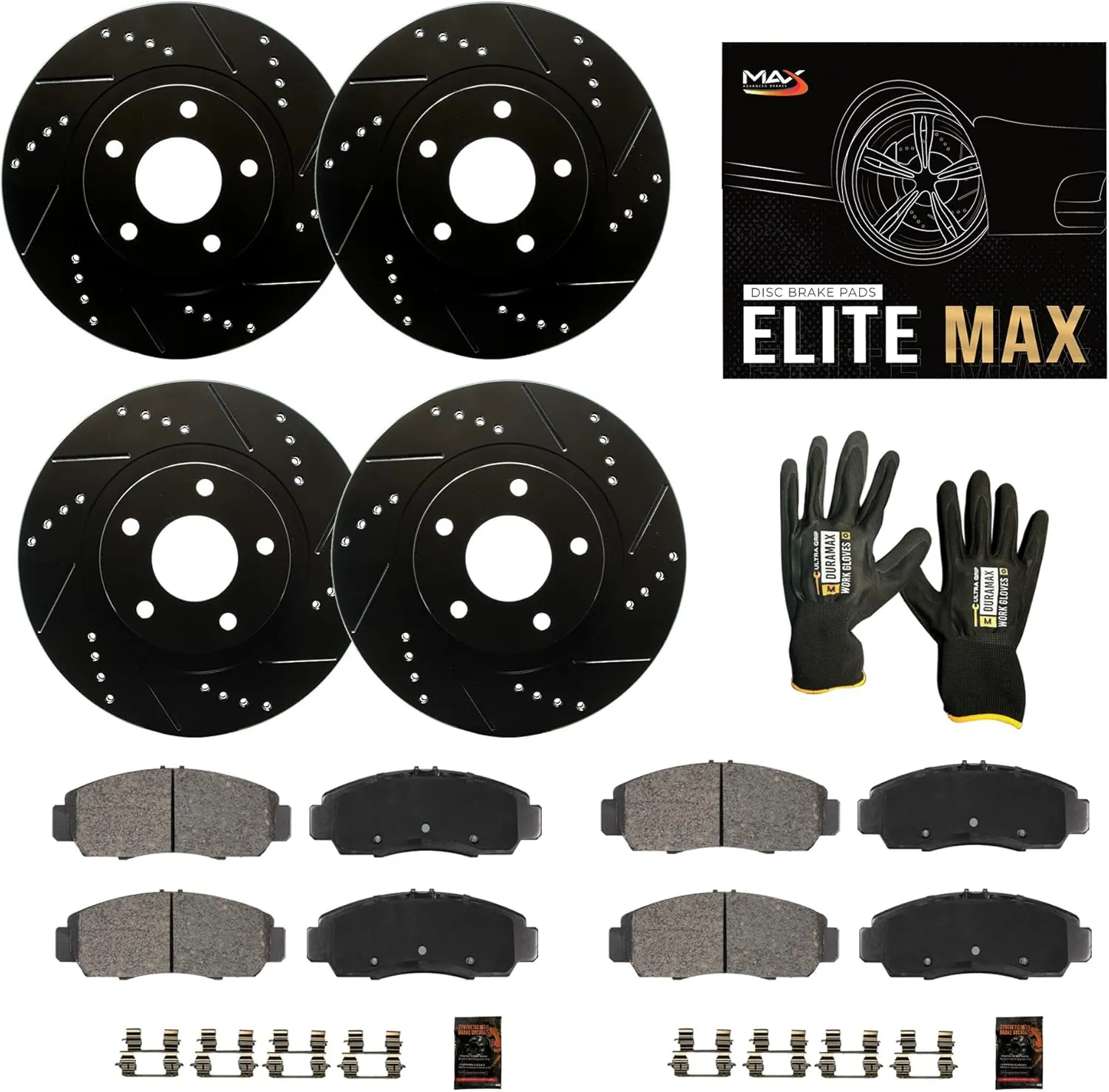 Max Advanced Brakes Front & Rear Brake Kit Compatible With 2008-2023 Nissan Rogue Sport Select Qashqai w/MPB Replacement Drilled Slotted Black Coated Disc Brake Rotors and Ceramic Brake Pads