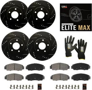 Max Advanced Brakes Front & Rear Brake Kit Compatible With 2008-2023 Nissan Rogue Sport Select Qashqai w/MPB Replacement Drilled Slotted Black Coated Disc Brake Rotors and Ceramic Brake Pads