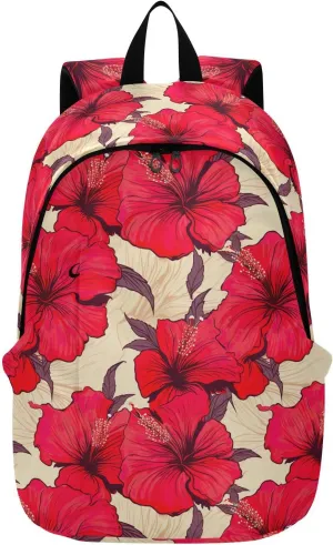 MCHIVER Travel Backpack Red Hibiscus Floral Flower Casual Daypack Backpacks Lightweight Carry on Bag Water Resistant Hiking Backpack for Men and Women