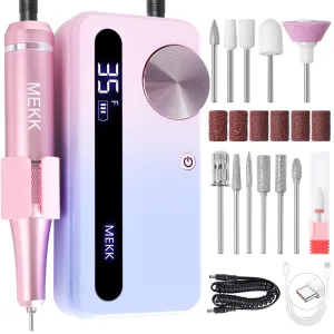 MEKK Nail Drill,35000RPM Cordless Nail Drill Professional Electric Nail File with 12PCS Bits,Anti-Shaking Rechargeable E File Kit for Acrylic Nails,Home & Salon-Pink