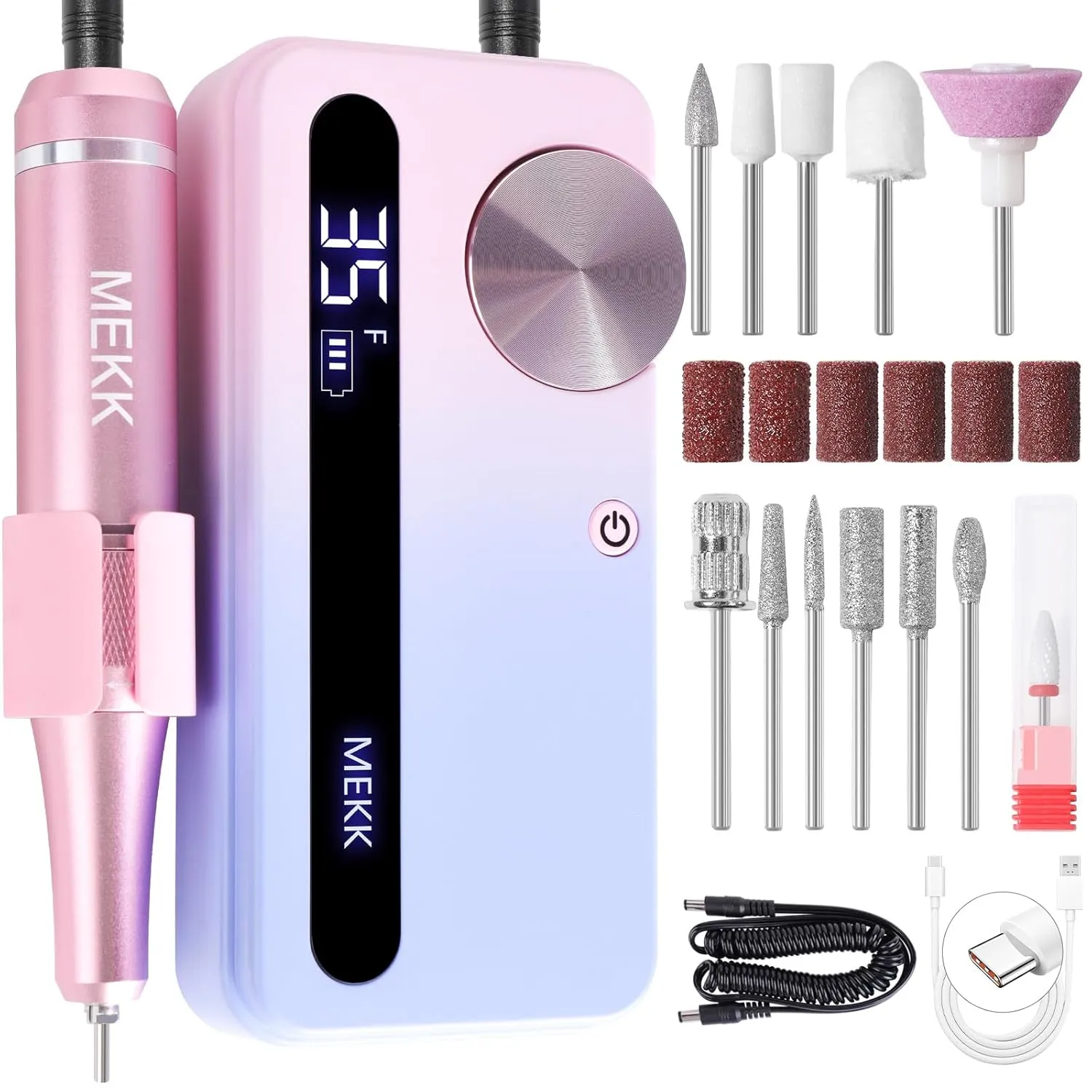 MEKK Nail Drill,35000RPM Cordless Nail Drill Professional Electric Nail File with 12PCS Bits,Anti-Shaking Rechargeable E File Kit for Acrylic Nails,Home & Salon-Pink