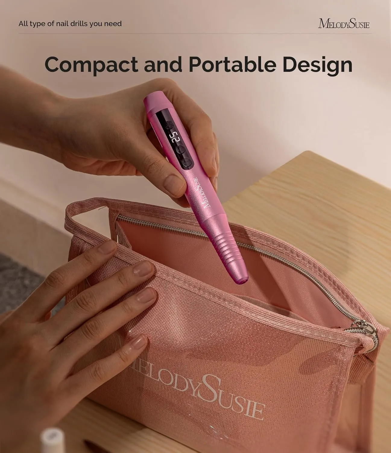 MelodySusie Electric File - Portable Nail Drill for Acrylic Gel Nails, PC180G 25,000RPM Professional Tool with Bits and Sanding Bands