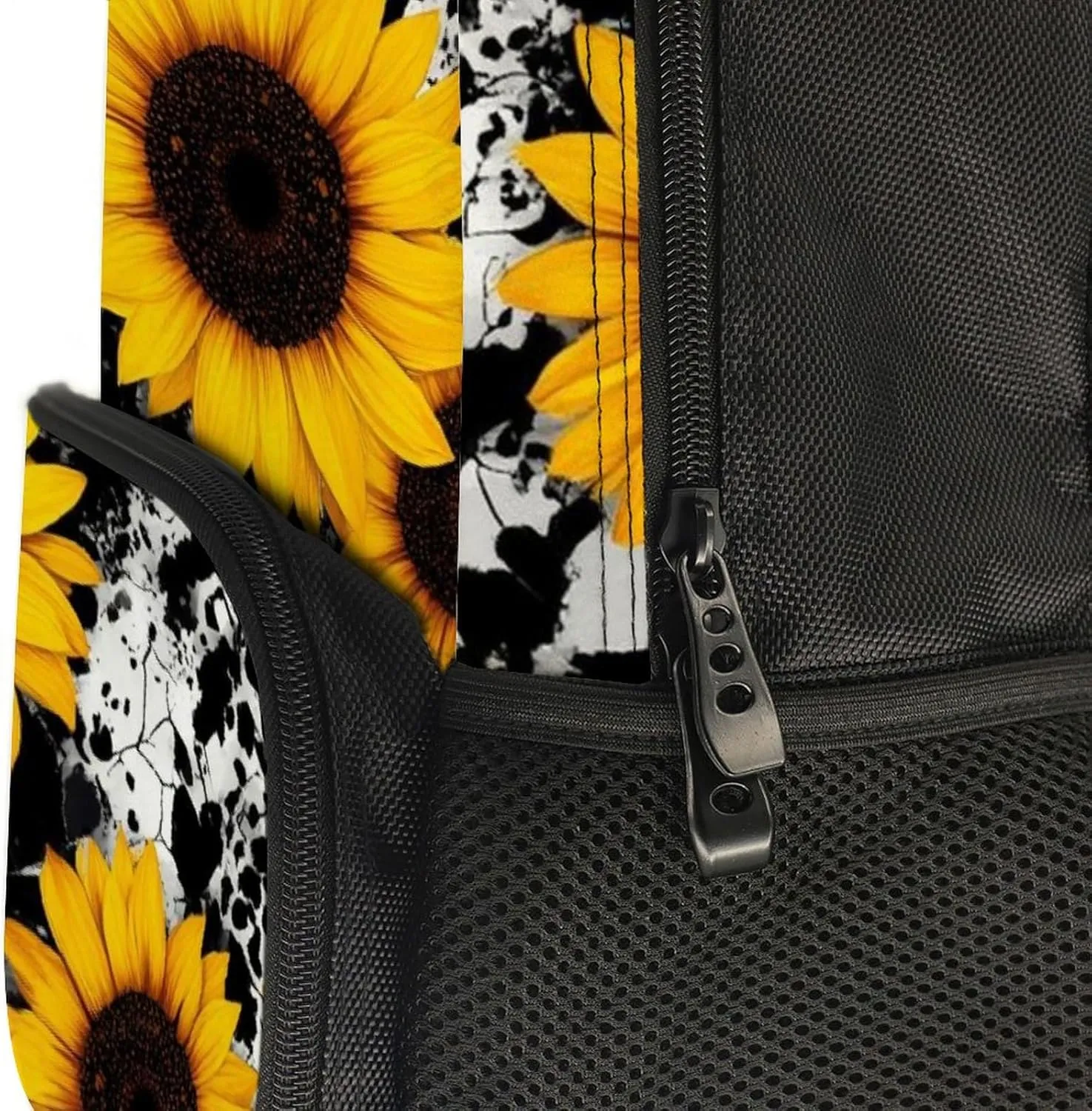 Men Women Polyester 80S Vintage Cow Print Sunflowers Daypack Big Capacity Shoulder Bag With Smooth Zippers for Hiking Work Walking Cycling