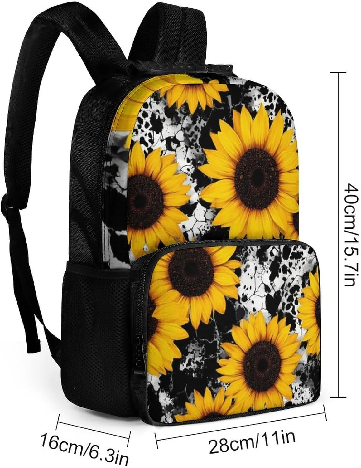 Men Women Polyester 80S Vintage Cow Print Sunflowers Daypack Big Capacity Shoulder Bag With Smooth Zippers for Hiking Work Walking Cycling