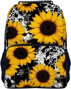 Men Women Polyester 80S Vintage Cow Print Sunflowers Daypack Big Capacity Shoulder Bag With Smooth Zippers for Hiking Work Walking Cycling