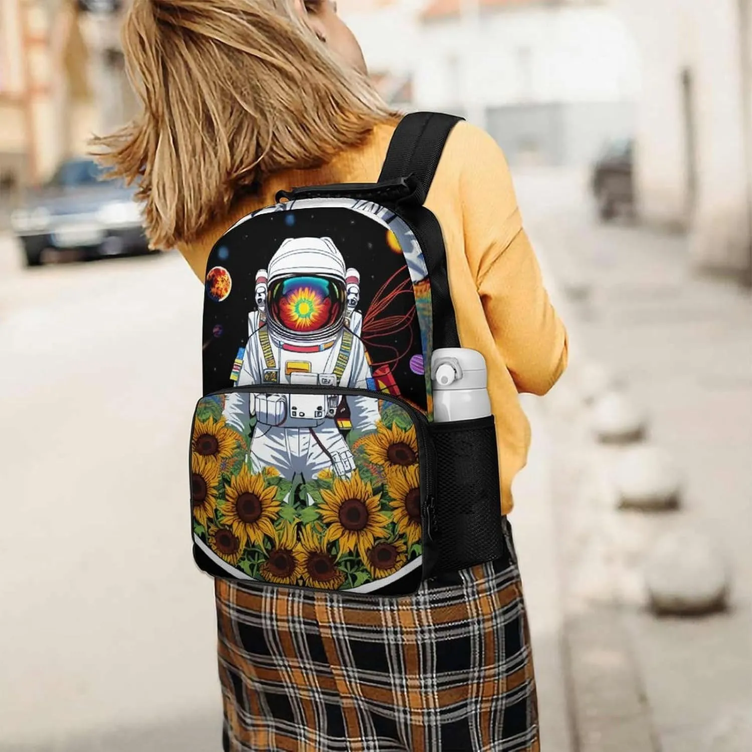 Men Women Polyester Psychedelic Space Astronaut Sunflower Snake Art Daypack Big Capacity Shoulder Bag With Adjustable Shoulder Straps for Camping Travel Walking Cycling