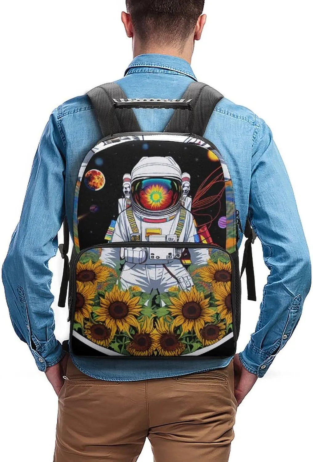 Men Women Polyester Psychedelic Space Astronaut Sunflower Snake Art Daypack Big Capacity Shoulder Bag With Adjustable Shoulder Straps for Camping Travel Walking Cycling