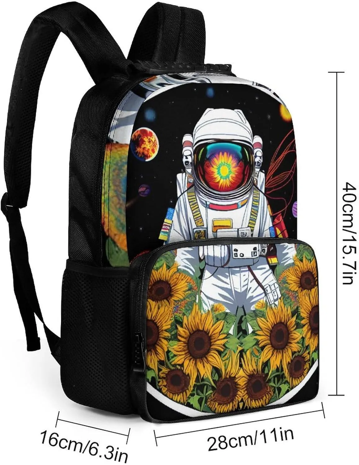 Men Women Polyester Psychedelic Space Astronaut Sunflower Snake Art Daypack Big Capacity Shoulder Bag With Adjustable Shoulder Straps for Camping Travel Walking Cycling