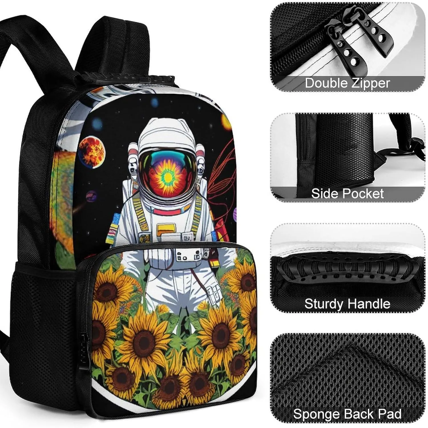 Men Women Polyester Psychedelic Space Astronaut Sunflower Snake Art Daypack Big Capacity Shoulder Bag With Adjustable Shoulder Straps for Camping Travel Walking Cycling