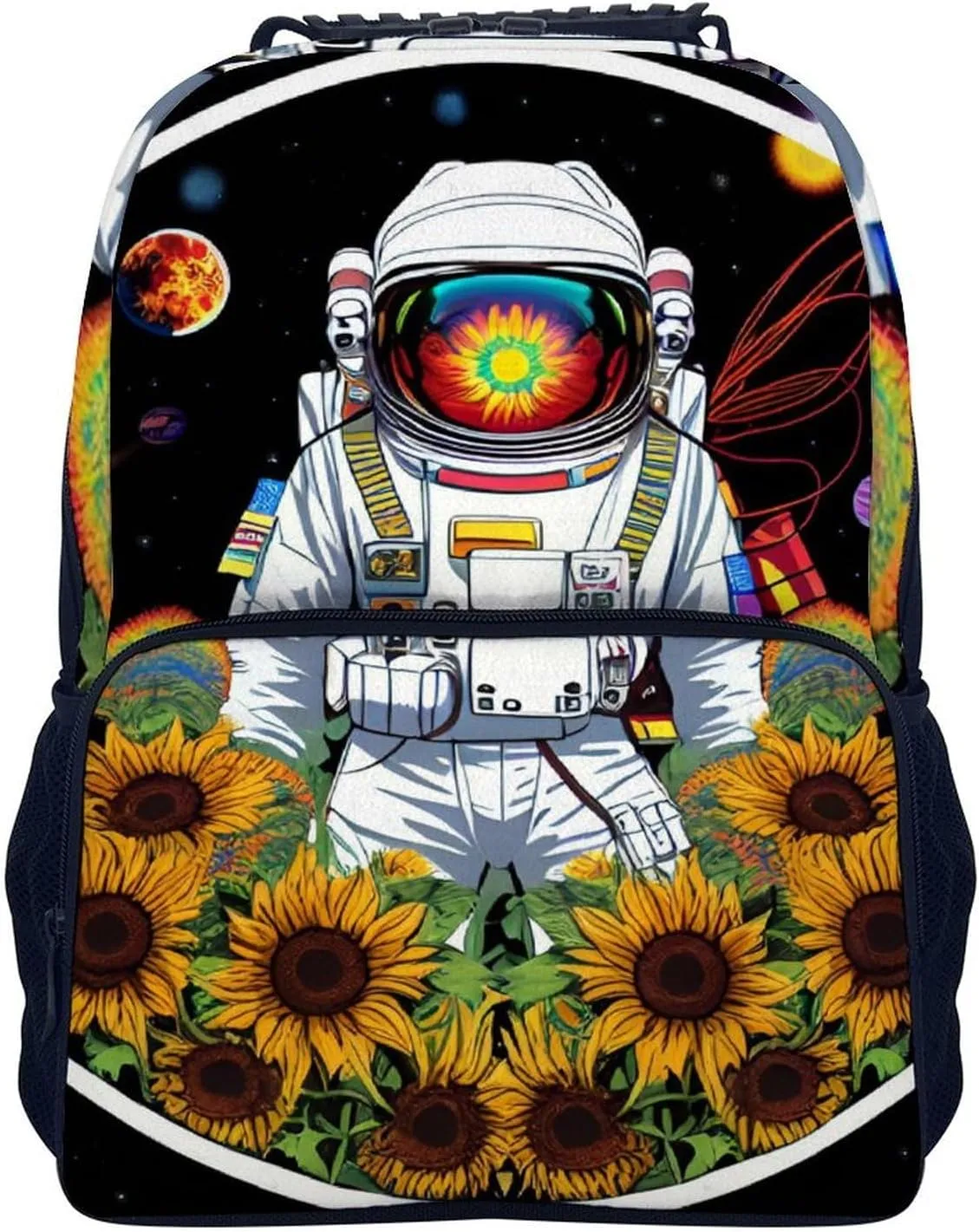 Men Women Polyester Psychedelic Space Astronaut Sunflower Snake Art Daypack Big Capacity Shoulder Bag With Adjustable Shoulder Straps for Camping Travel Walking Cycling