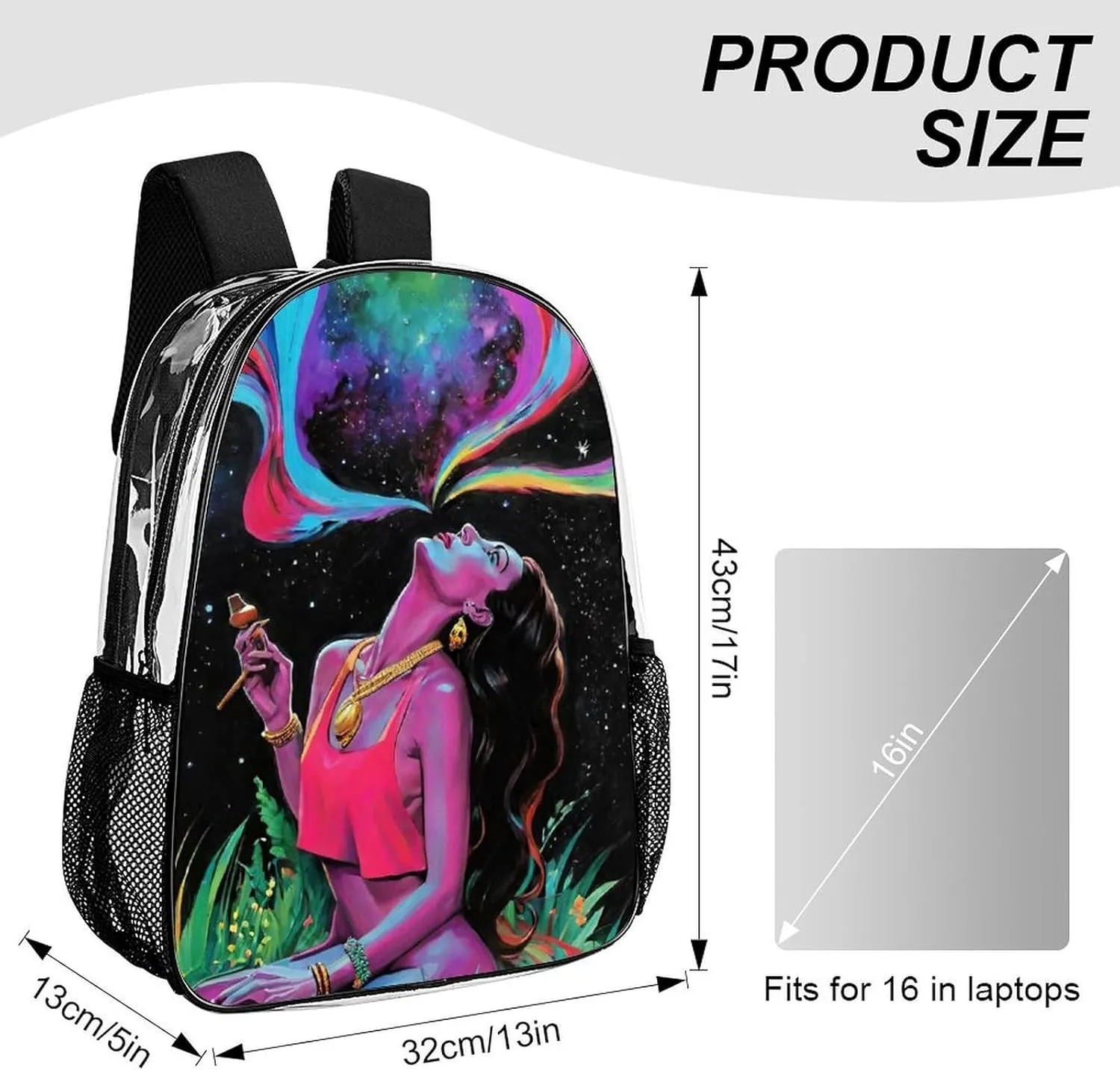 Men Women Transparent Trippy Galaxy Women Rainbow Art Daypack Big Capacity Shoulder Bag With Adjustable Shoulder Straps for Camping Travel Walking Cycling