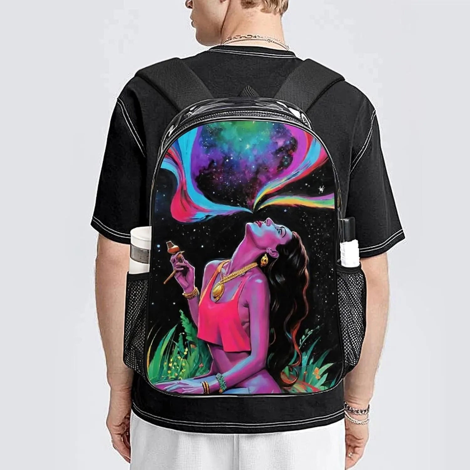 Men Women Transparent Trippy Galaxy Women Rainbow Art Daypack Big Capacity Shoulder Bag With Adjustable Shoulder Straps for Camping Travel Walking Cycling