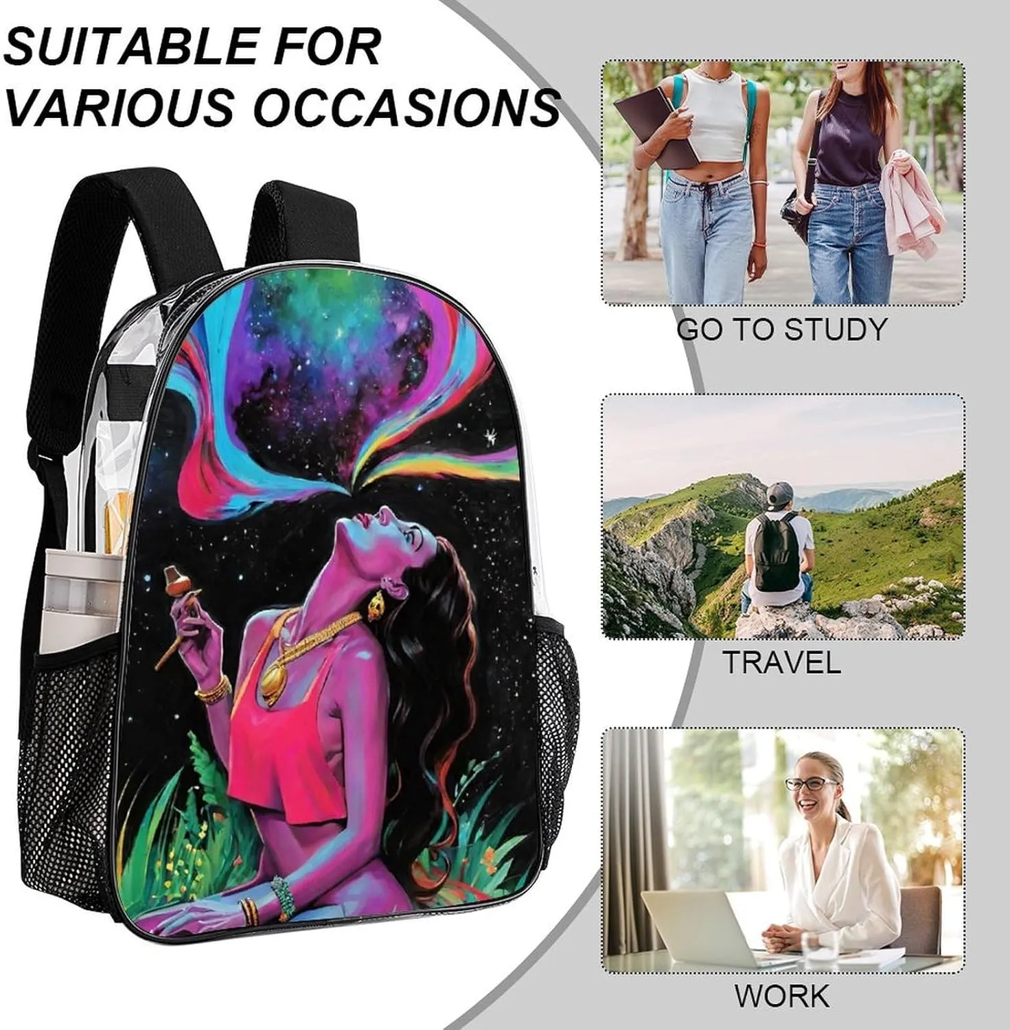 Men Women Transparent Trippy Galaxy Women Rainbow Art Daypack Big Capacity Shoulder Bag With Adjustable Shoulder Straps for Camping Travel Walking Cycling