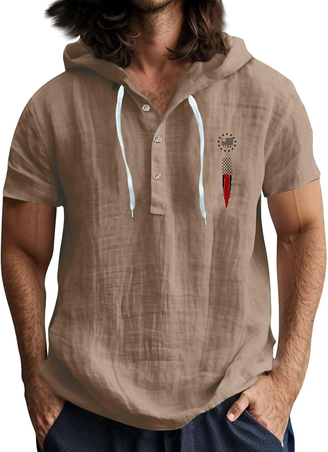 Men's Casual Short Sleeve Hoodie Shirt with Flag Print Lightweight, Breathable, Stylish Summer Top