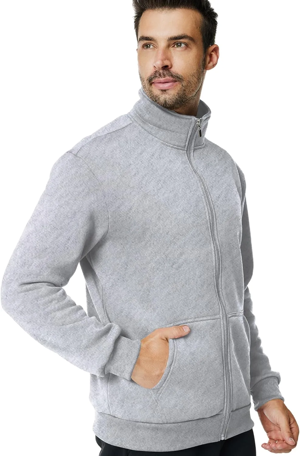 Men's Fleece Full Zip Up Sweatshirt Casual Lightweight Long Sleeve Mock Neck Jackets with Pocket