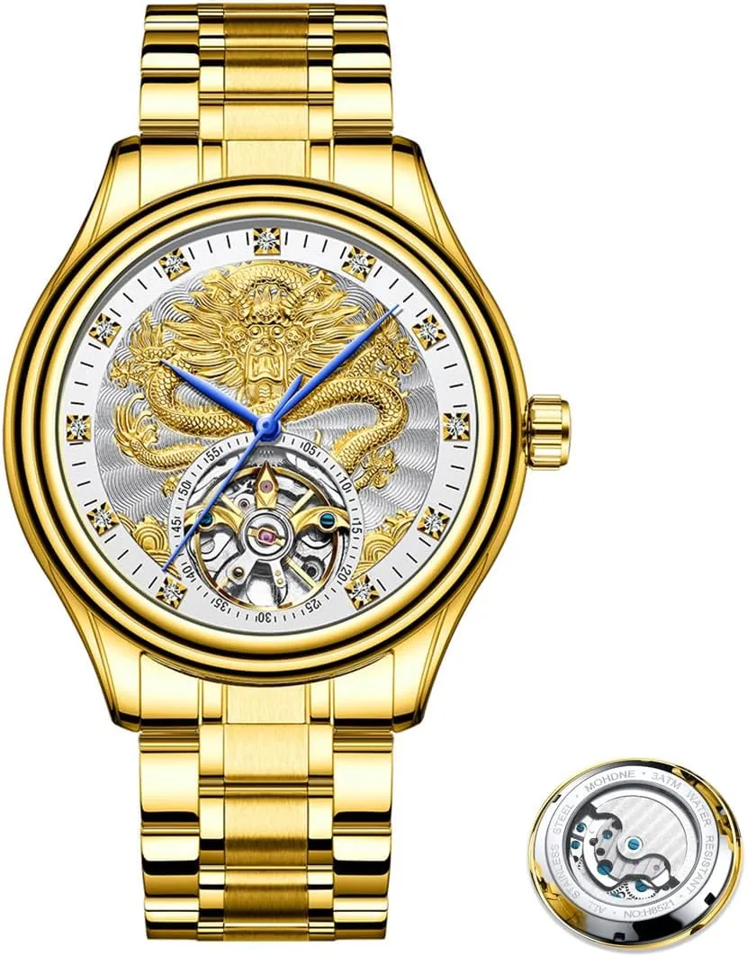 Men's Fully Automatic Mechanical Watch with Tourbillon Hollow Gold Dragon Dial, Luxurious Zirconium Diamond Inlaid Men's Business Watch, Fashionable Mechanical Watch