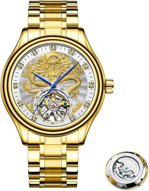 Men's Fully Automatic Mechanical Watch with Tourbillon Hollow Gold Dragon Dial, Luxurious Zirconium Diamond Inlaid Men's Business Watch, Fashionable Mechanical Watch