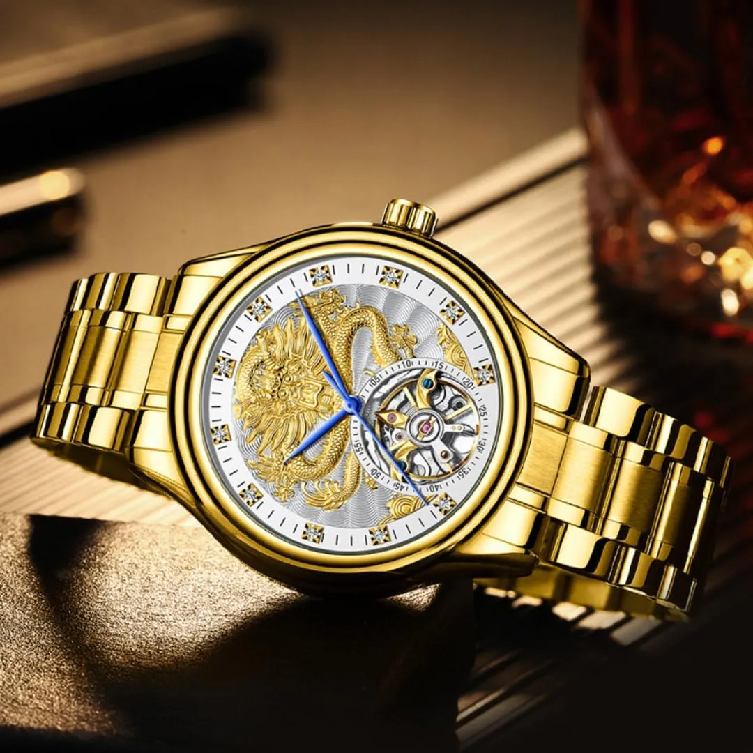 Men's Fully Automatic Mechanical Watch with Tourbillon Hollow Gold Dragon Dial, Luxurious Zirconium Diamond Inlaid Men's Business Watch, Fashionable Mechanical Watch