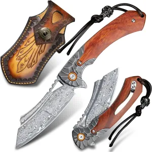 men's pocket knife Damascus Steel Handmade Folding Knife，3.5 in blade rosewood handle，with leather case ，Liner Lock Steel ball bearings，pocket clip ，EDC Camping Outdoor Survival Knife