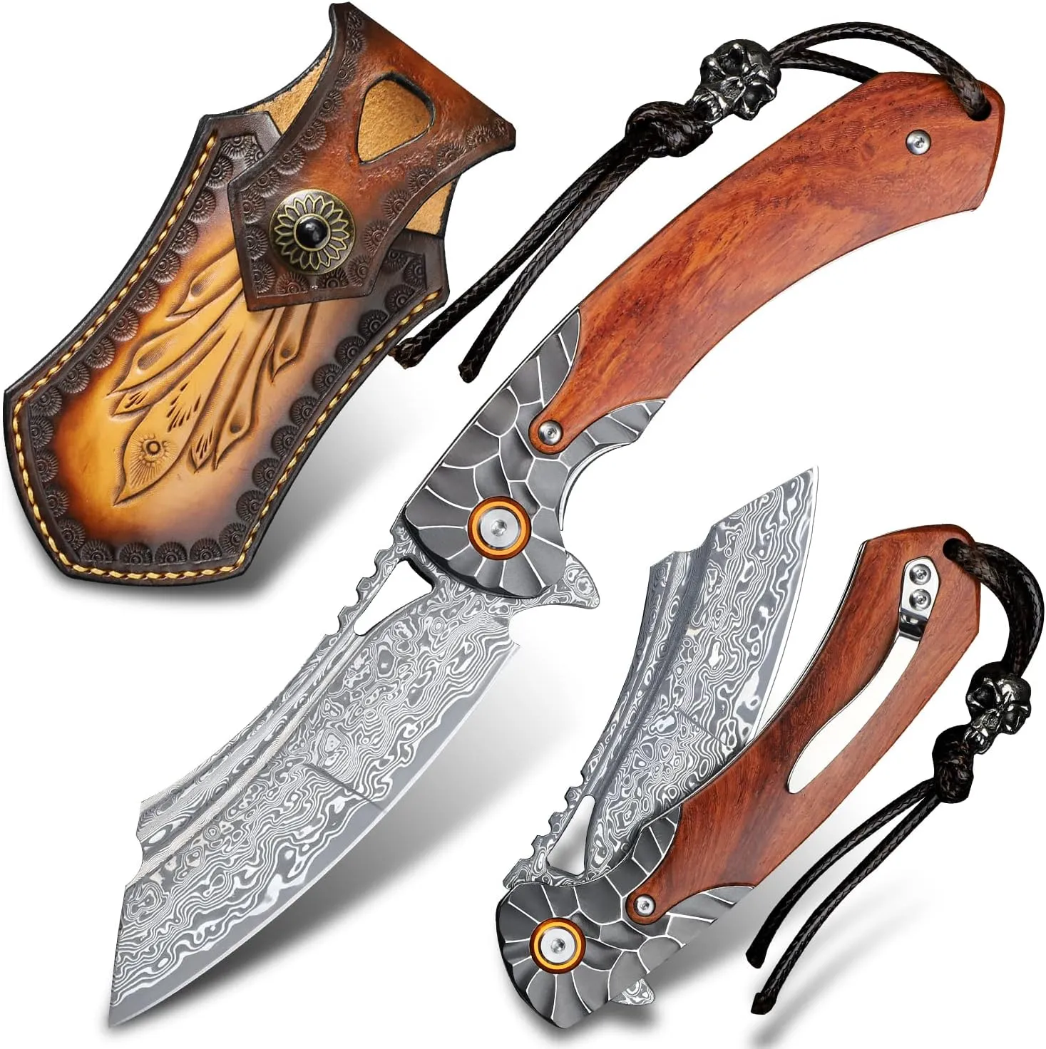men's pocket knife Damascus Steel Handmade Folding Knife，3.5 in blade rosewood handle，with leather case ，Liner Lock Steel ball bearings，pocket clip ，EDC Camping Outdoor Survival Knife