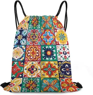 Mexican Talavera Italian Pottery Travel Drawstring Bag Waterproof String Backpack Gym Sackpack Sport Bag