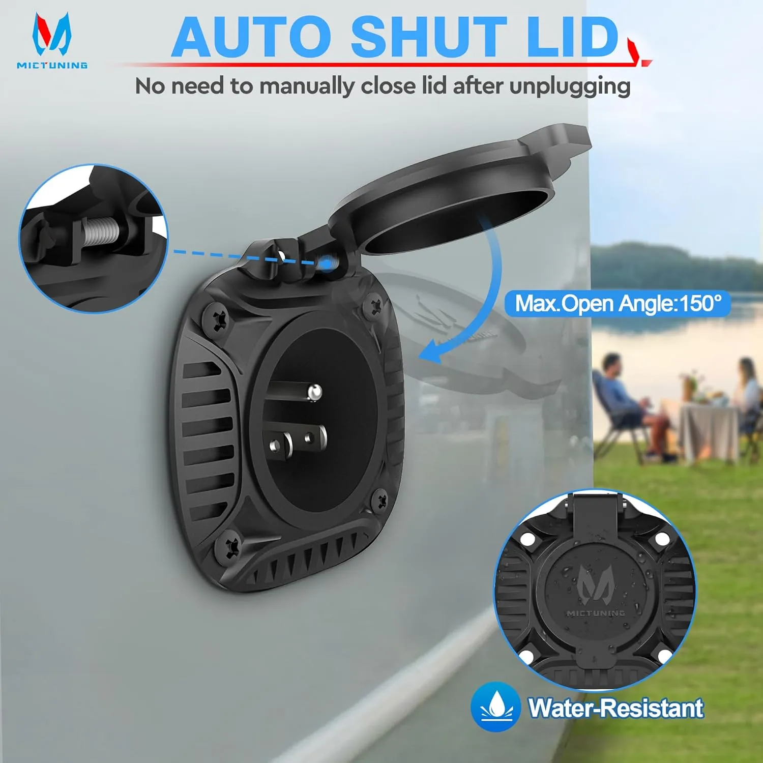 MICTUNING AC Port Plug with Heavy Duty Integrated 72 Inch Extension Cord and Water Resistant Spring Loaded Cover, Black
