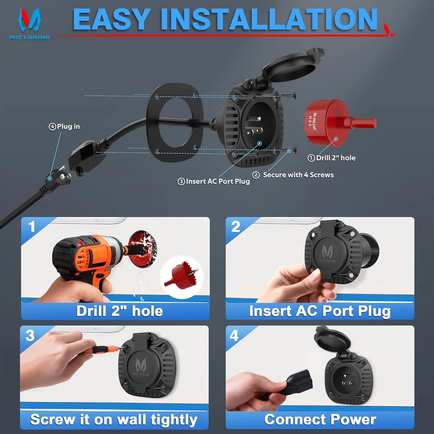 MICTUNING AC Port Plug with Heavy Duty Integrated 72 Inch Extension Cord and Water Resistant Spring Loaded Cover, Black