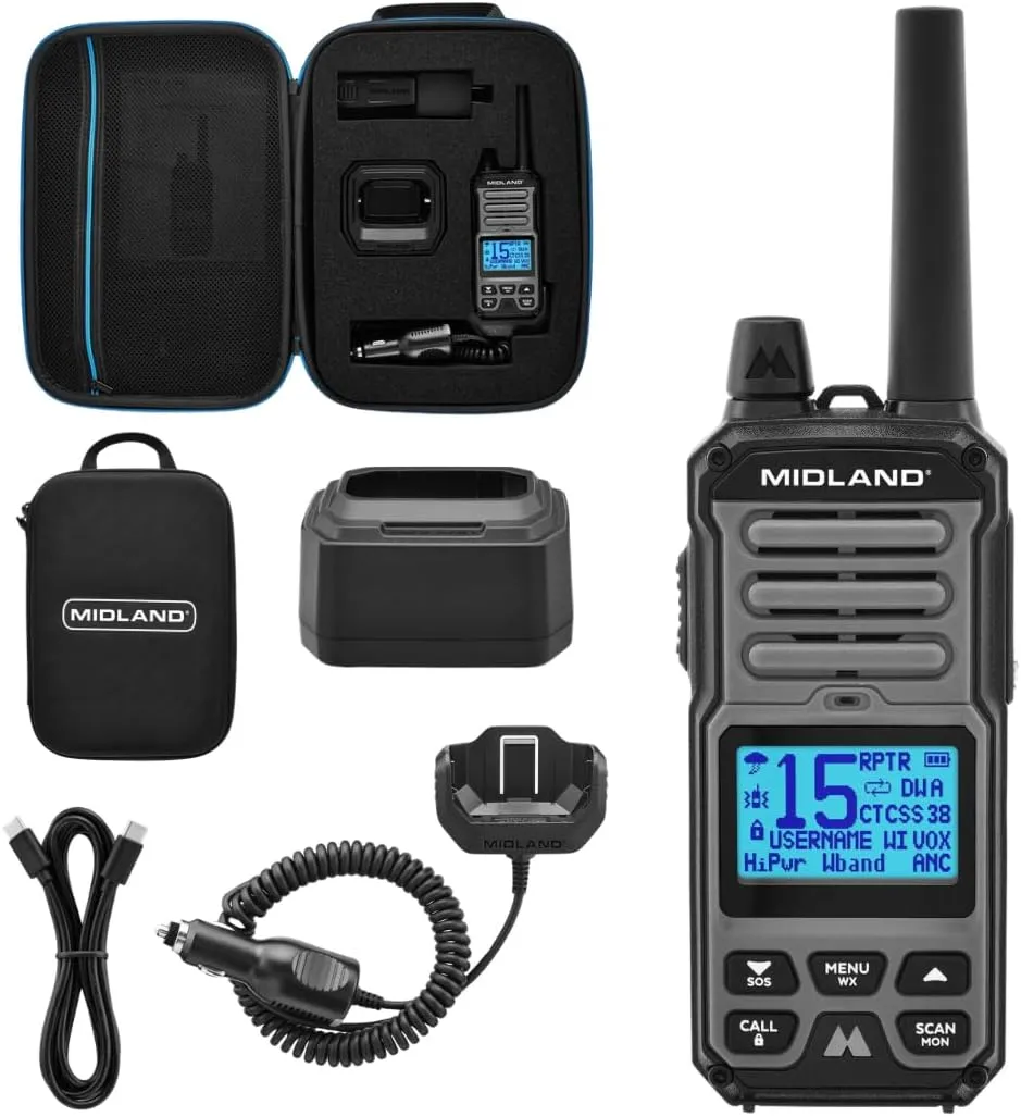Midland GXT67 Pro GMRS 5-Watt Two-Way Radio (99-Channel, Waterproof, Repeater Capable, Long Range, Active Noise Canceling, Rechargeable Lithium Ion Battery, SOS, NOAA, Black/Grey, Single Pack)