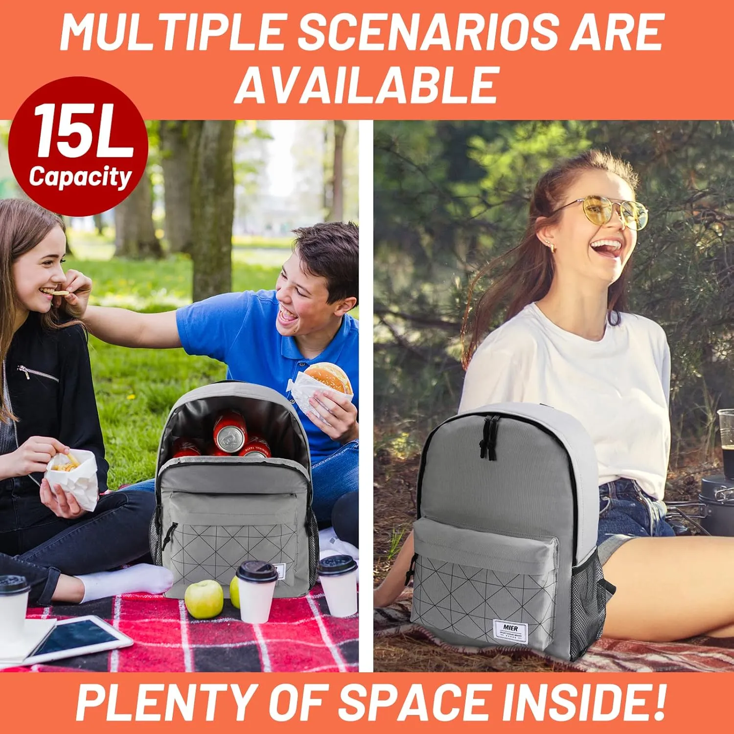 MIER Insulated Backpack Cooler Small Leakproof Lightweight Cute for Women Men to Work, Picnics, Camping, Park Day Trips, 15 L