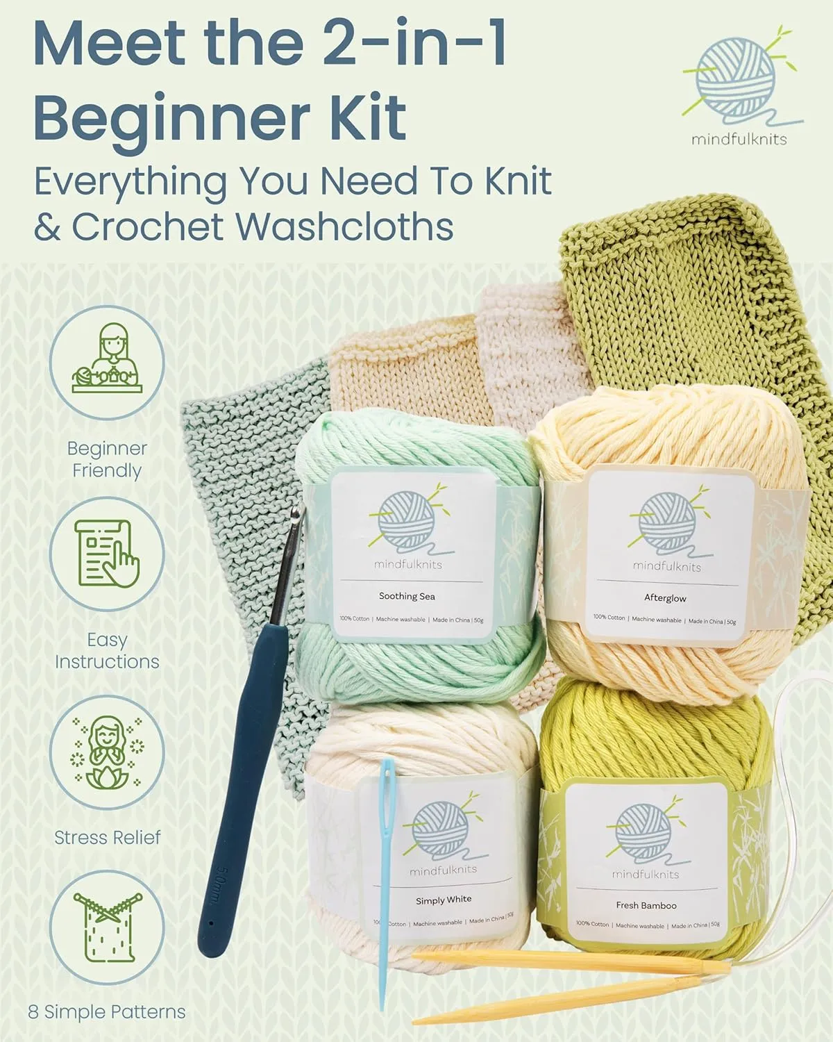 mindfulknits Knitting Kit for Beginners Adults with Knitting Needles, Yarn Needle & 100% Cotton Knitting Yarn (4) – Make Washcloths - Zen Basic Knitting Supplies Set for Relaxation & Stress Relief