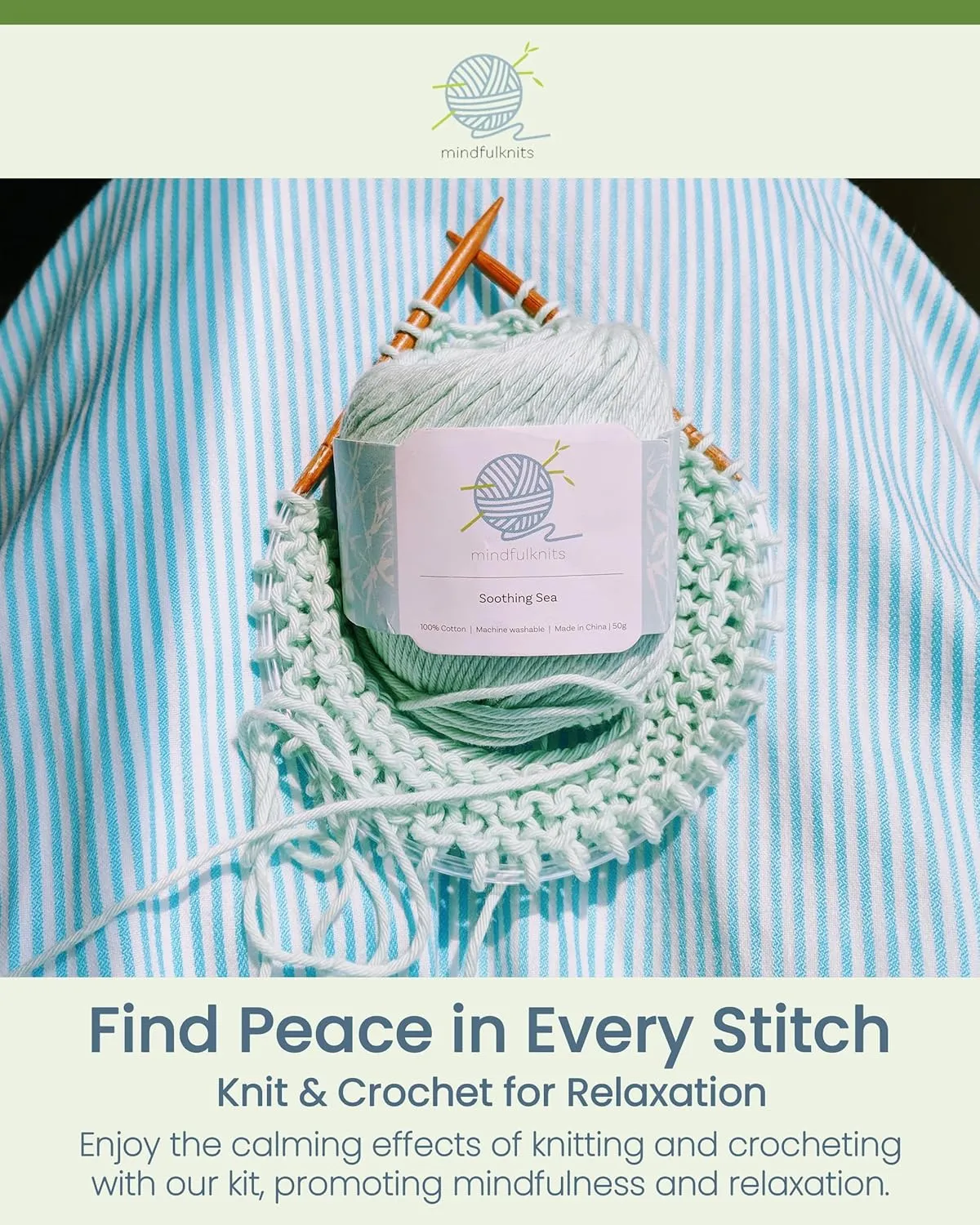 mindfulknits Knitting Kit for Beginners Adults with Knitting Needles, Yarn Needle & 100% Cotton Knitting Yarn (4) – Make Washcloths - Zen Basic Knitting Supplies Set for Relaxation & Stress Relief