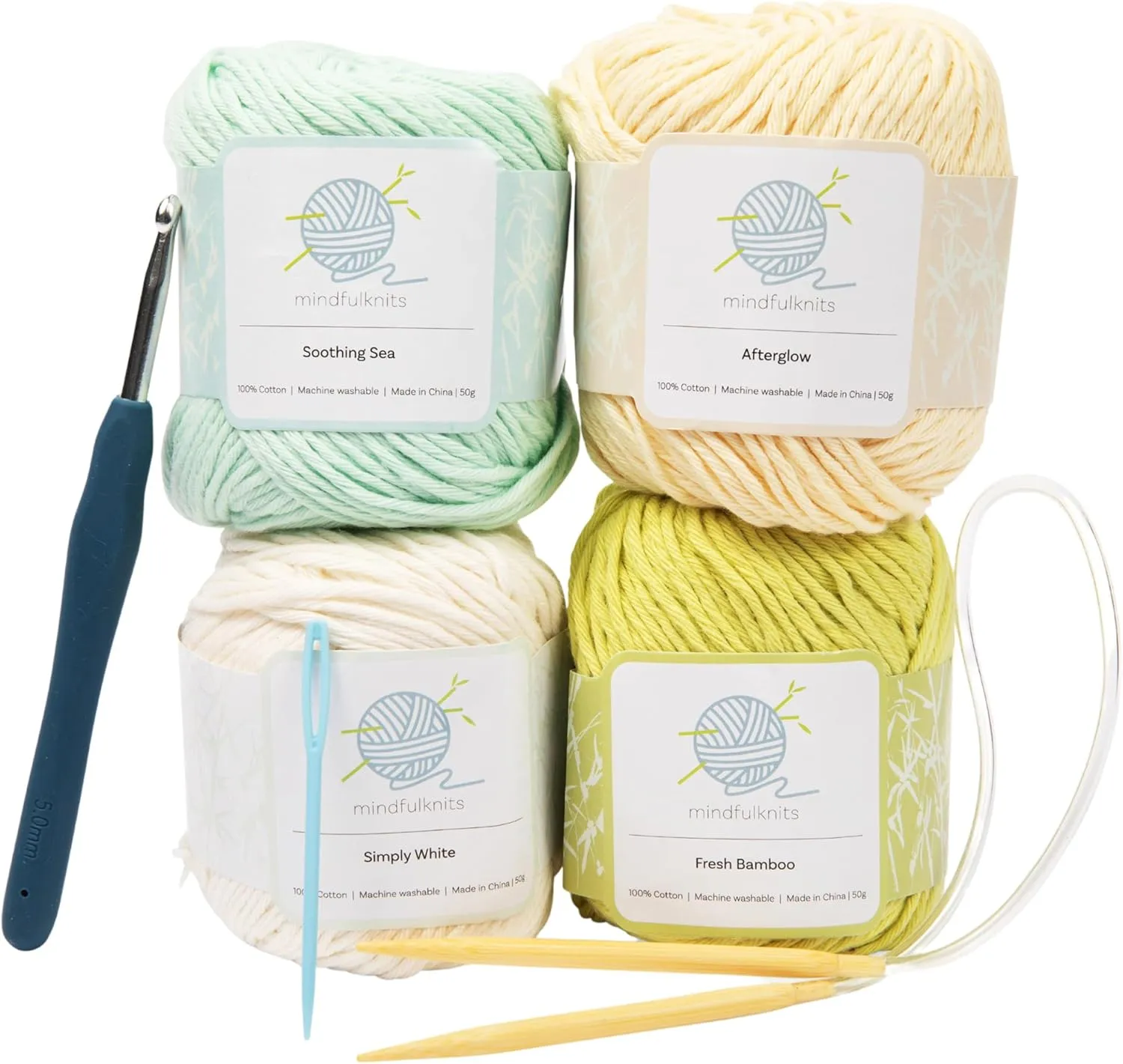 mindfulknits Knitting Kit for Beginners Adults with Knitting Needles, Yarn Needle & 100% Cotton Knitting Yarn (4) – Make Washcloths - Zen Basic Knitting Supplies Set for Relaxation & Stress Relief