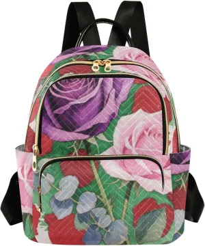 Mini Backpack Quilted Purse for Womens Small Backpack Daypack Rose Print for Travel Daily Camping,Multi3