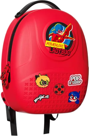 Miraculous Ladybug - Pop n' Swop Ladybug Red Backpack with Black Handle, 6 Clip-on Badges and Zipper, Lightweight Durable Waterproof Bag with Adjustable Straps (Wyncor)