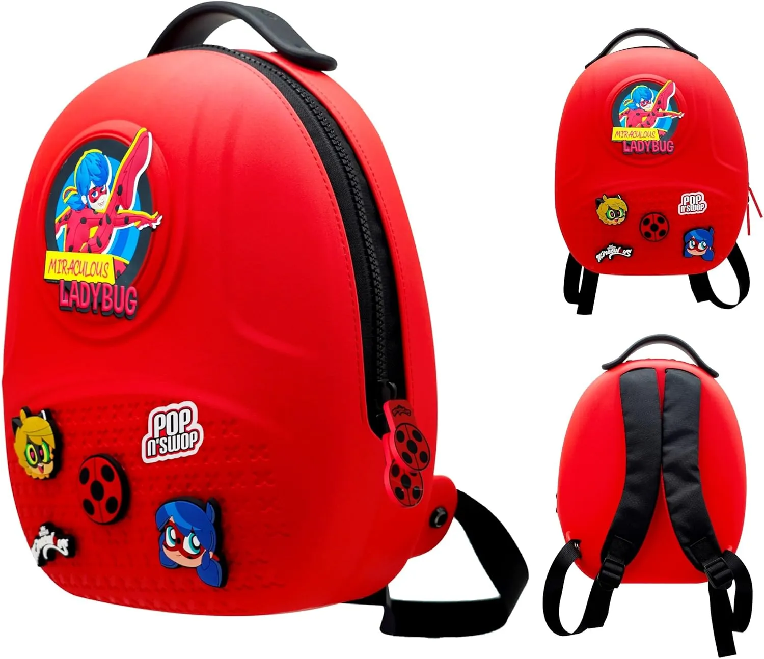Miraculous Ladybug - Pop n' Swop Ladybug Red Backpack with Black Handle, 6 Clip-on Badges and Zipper, Lightweight Durable Waterproof Bag with Adjustable Straps (Wyncor)