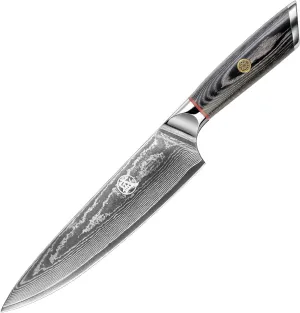 MITSUMOTO SAKARI 8 inch Japanese Gyuto Chef Knife, AUS-10 Premium Damascus Steel Kitchen Cooking Knife, Professional Hand Forged Meat Sushi Knifves (PakkaWood Handle & Sandalwood Box)