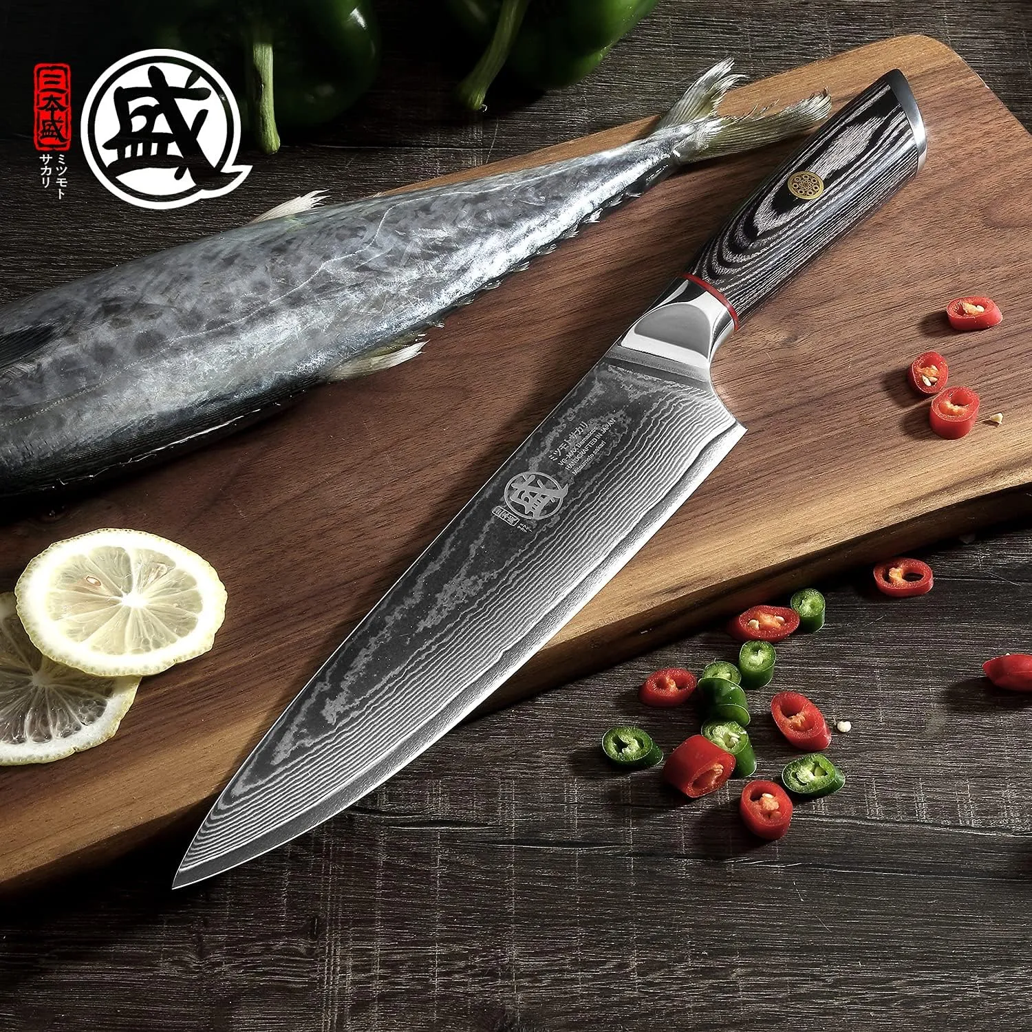 MITSUMOTO SAKARI 8 inch Japanese Gyuto Chef Knife, AUS-10 Premium Damascus Steel Kitchen Cooking Knife, Professional Hand Forged Meat Sushi Knifves (PakkaWood Handle & Sandalwood Box)