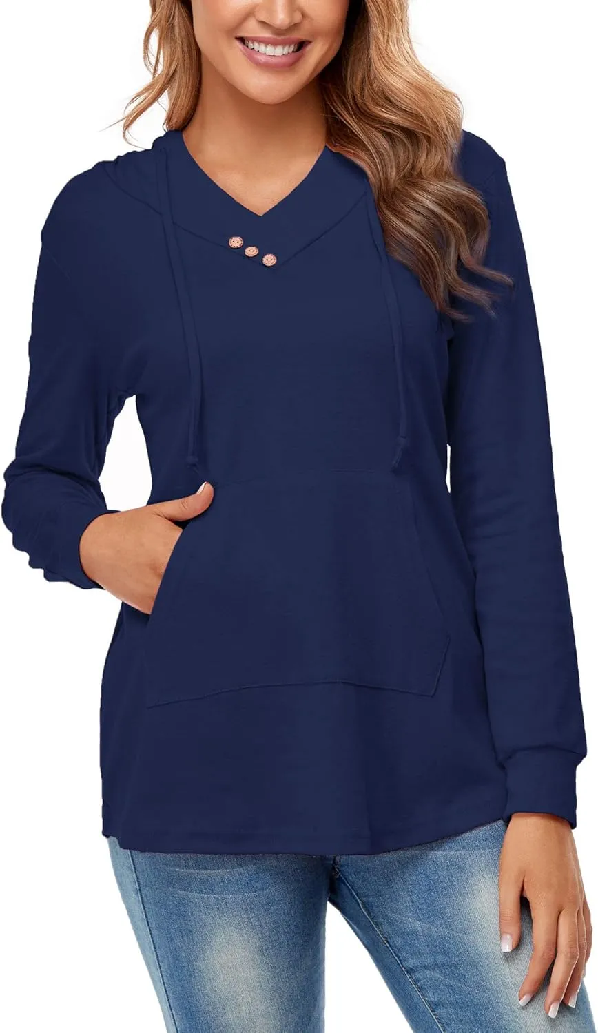 Miusey Womens Hooded Shirts Long Sleeve V Neck Tunic Hoodie Lightweight Sweatshirts with Kangaroo Pocket